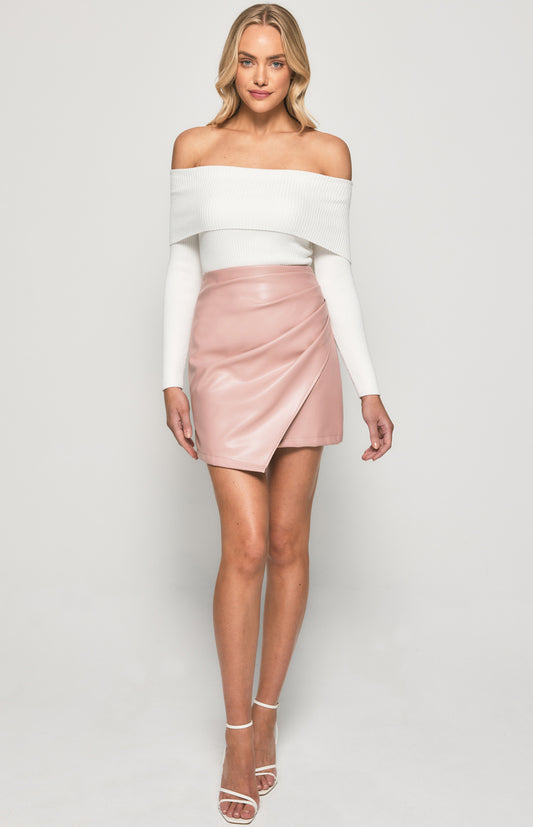 Kate Faux Pleated Leather Skirt with Asymmetrical Hem